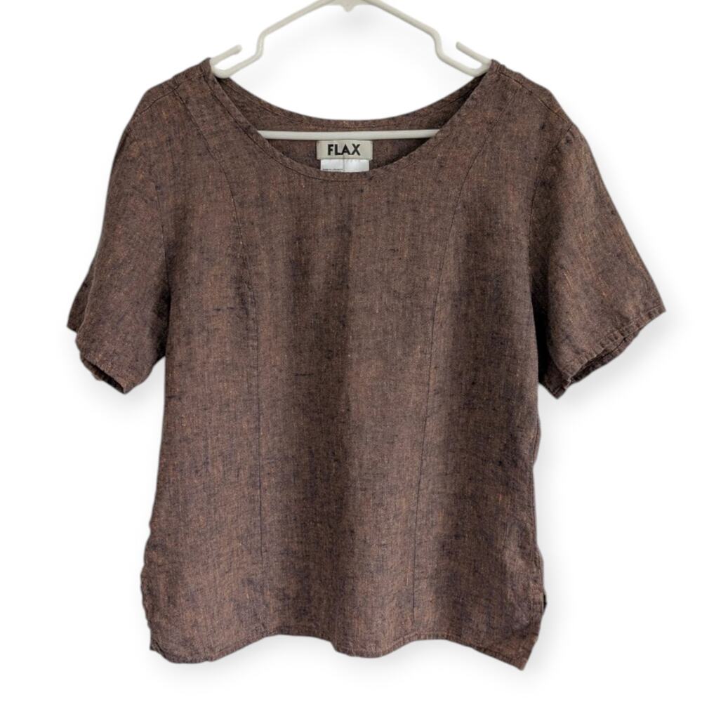 FLAX Classic linen scoop neck blouse shirt  ~ purple gold brown